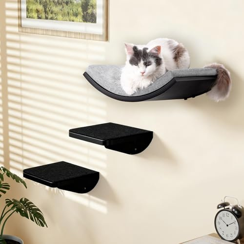 Katzentreppe Wand 3er-Set, Katzen Kletterwand mit 2 Kletterstufen & Gebogenen Plattformen, Wandmontiertes Holz Katzenwandmöbel Set für Klettern Spielen Schlafen