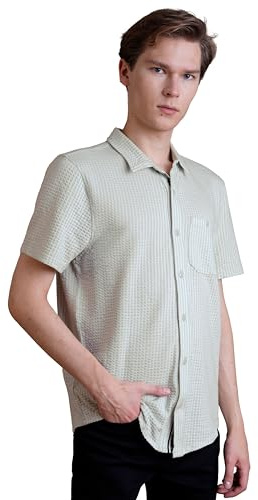 Enorsia Mens Jersey Seersucker Stripe Short Sleeve Shirt with Soft Breathable Fabric Classic Collar Chest Pocket Regular Fit Lightweight Summer Casual Shirt for Everyday Comfort