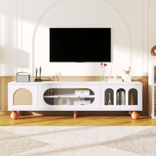 OLIVIBED TV-Möbel mit Rattan-ähnlicher Tür, TV-Schrank mit Glasschiebetür, Lowboard mit Goldenen Griffen und Massiven Holzfüßen, TV-Bank mit DREI Offenen Bogenbereichen, 170x37x47cm, Weiß