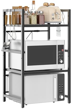 3 Tiers Expandable Microwave Oven Rack with 6 hooks, Microwave Shelf Stand for Kitchen, Carbon Steel Kitchen Shelf Countertop Storage Organiser for Pots Pans Rice Cooker,Spice Rack,Black