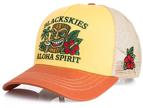 Blackskies® Aloha Spirit Trucker Baseball Cap | Herren Damen Premium Snapback Schirm Mütze Kappe Basecap - Männer Frauen Tiki Surf Hawaii Sommer Beach Vibes Urlaub