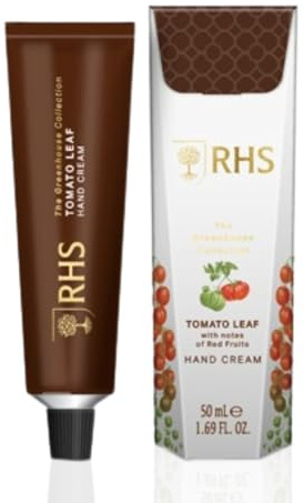 RHS Greenhouse Tomato Leaf Hand Cream Shea Butter Green Floral Notes 50ml | Lightweight Nourishing Care with Shea Butter and Garden Fresh Tomato Leaf and Green Floral Notes. Leaves Skin Soft.