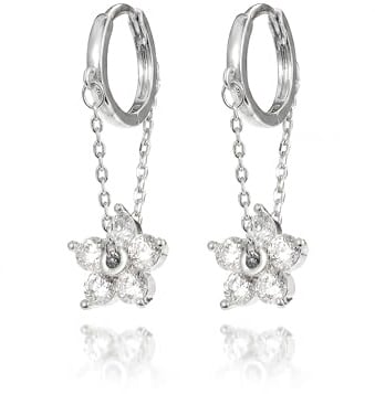 MUMREUES Boucles d'Oreilles Femme Pendantes Fleur 14K Boucles d'Oreilles | Boucles d'Oreilles Femme Or Chaîne,Cercles pour Femme Zircon,Pendentif Boucle d'Oreille Bijoux Cadeau pour Femme