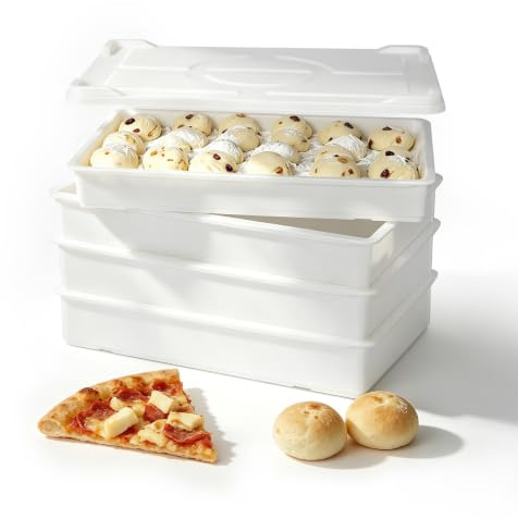 HAKKA 22.8L Dough proofing box with Lid,4 Pick Pizza Dough Box(60x40x9.5cm),Bread Dough Tray for Bakery & Pizzeria Use,Holds Up to 15 Dough,Stackable Bread Plastic Storage Box (white(4Boxes+1Lid))