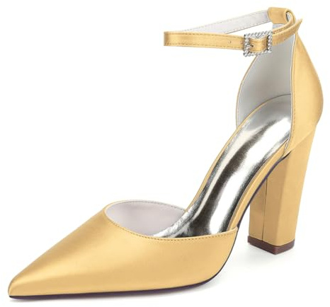 LRMYMHY Chaussures De Mariage en Satin À Bretelles De Cheville pour Femmes Talons À Talons Blocs Talons De Mariée À Bout Pointu,d'or,36 EU