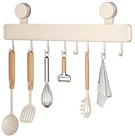 LCFVOFU Kitchen Utensil Rack with Suction Cup, No Drilling 40cm Kitchen Hanging Rail with 8 Kitchen Utensil Hooks Holder