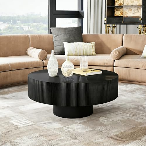Moderner Runder Couchtisch, mit Plissee-Kanten und Weitem Tablett, Trommel, Pilzform Stabiler Niedriger mit linearem Design, Geriffeltem Design, Tisch für Wohnzimmer, Büro 78.5*35cm (Schwarz)
