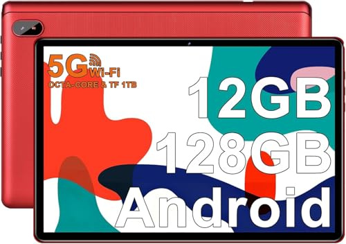 Tablette Android avec 5G Wi-Fi 6 et Gemini AI, 128 GO ROM (Extensible Jusqu'à 2To),Tablette Tactile avec Widevine L1,Octa-Core,Double appareil photo 5MP+8MP, 6000mAh,Tablette 10 Pouces avec étui-Rouge