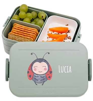 wunderwunsch MEPAL Brotdose Spülmaschinenfest Kinder, Lunchbox mit Einsatz für perfekte Ordnung, Spülmaschine, Mikrowellengeeignet, personalisiert mit niedlichem Motiv (Marienkäfer, grün)