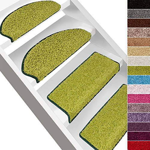 casa pura Shaggy Stufenmatten Barcelona 15 Stück Set, weicher Hochflor Treppen-Teppich, Treppenstufen Matten, selbstklebend | halbrund | 65 x 23,5cm | Grün