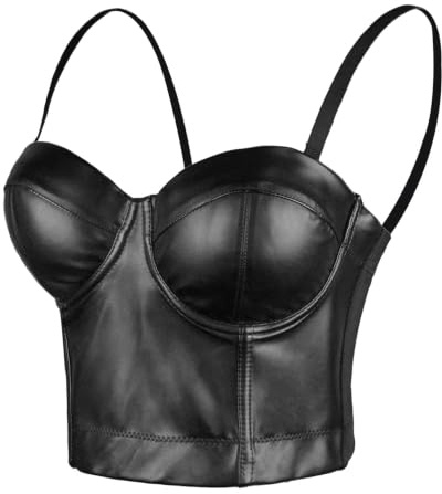 ELLACCI PU Leder Bustier Crop Top Gothic Punk Push Up Damen Korsett Top BH Schwarz