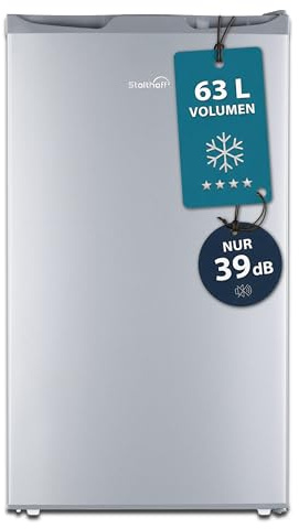 Stolthoff® Gefrierschrank klein 63L, Mini Gefrierschrank, Glasablage, 4 Sterne Tiefkühlschrank bis -18 °C, leise 39 dB, Türanschlag wechselbar, freistehend, für Küche/Büro/Keller/Camping, Silber