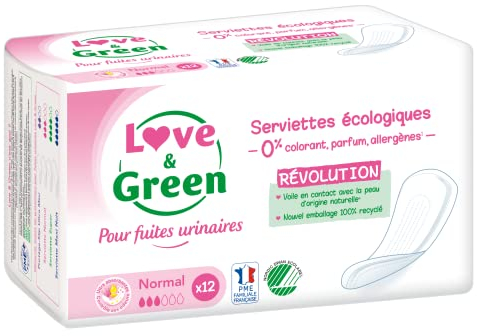 Love & Green - Serviettes Incontinence / Fuites urinaires - Protections écologiques absorbantes pour fuites urinaires légères - NORMAL - Lot de 2 X 12 serviettes (24 unités)