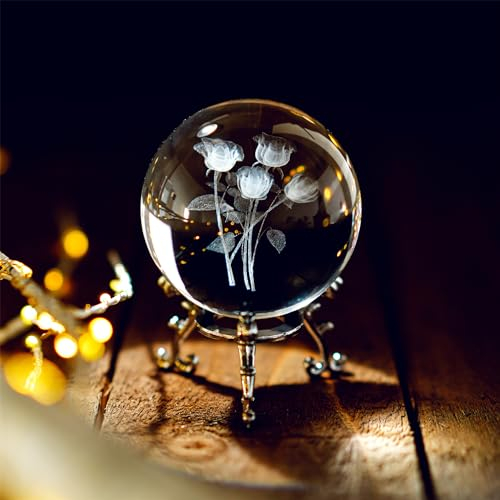 HDCRYSTALGIFTS Kristallkugel mit Rosenblüten, 60 mm, dekorativer Briefbeschwerer, 3D-Lasergravur, Glaskugel, Neuheit, Heimdekoration, Geschenk