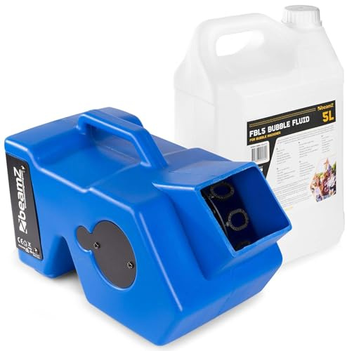 BeamZ B1000 Automatischer Seifenblasenmaschine mit Funk Fernbedienung und 5 Liter Seifenblasenflüssigkeit, Professional Seifenblasen Automat mit Ventilator, Leistungsstark 40W - Blau