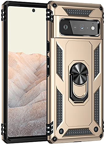 BestST Handyhülle für Google Pixel 6 Pro + Displayschutz, Cover für Google Pixel 6 Pro hülle, 360 Grad Drehbar Ringhalter Handytasche Case Handy Hüllen,Gold