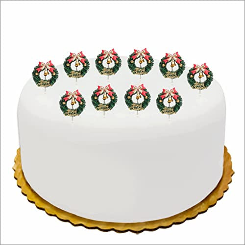 (Pack Of 10) Christmas Cake Toppers Wreath Tree with Bell Cake Decorations Uk Cupcake Topper Xmas Cakes Table Traditional Craft Non Edible Party Supplies Wreath Tree