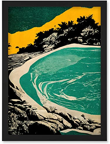 Wee Blue Coo Beach Lagoon Abstract Marbled Seascape Mustard Teal Artwork Framed Wall Art Print A4