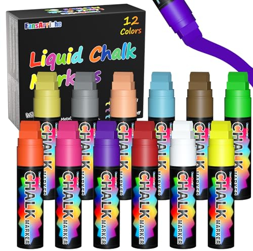 FansArriche Marqueurs de fenêtre 15 mm jumbo - 12 stylos à craie Neon Colors - marqueur craie effacable liquide, marqueurs de tableau noir pour fenêtres, noir, verre, panneaux, pointe 3 en 1