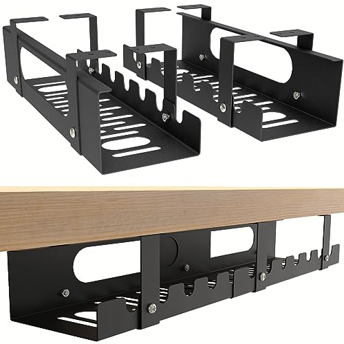 IRONDIY 2 Pack Adjustable Length Under Desk Cable Tray, Large Cord Organizer, Black, 15.7”-31.4”
