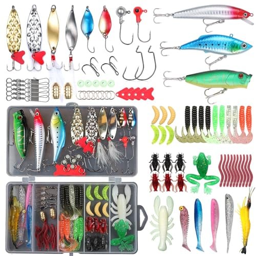EXAURAFELIS 79pcs Fishing Lure Kit with Tackle Box Including Crankbaits, Metal Spoons, Plastic Worms, Jigs, Topwater Lures, Swimbaits, Bass Lures Fishing Gear