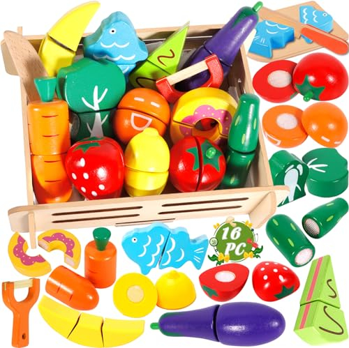 MULEVIP Frutas y Verduras Juguete,Verduras Comida Madera Juguete para Cocina,Comida de Juguete con Velcro,Accesorios Cocina Juguetes de Madera,Alimentos Juguetes Cocinita Regalos para Niños, 3+ años