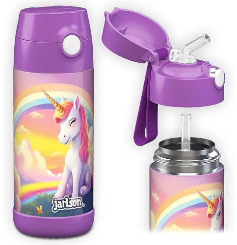 Jarlson® Trinkflasche Kinder Edelstahl CHARLI mit Strohhalm - Thermosflasche 350ml - TÜV geprüft - BPA frei - auslaufsicher - Thermo Wasserflasche für Schule, Kindergarten - Einhorn 2.0, 350 ml