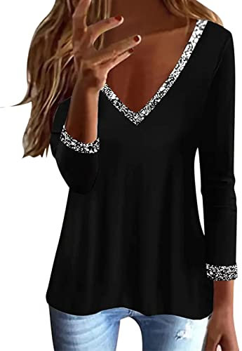 Damen Glitzer Oberteile,Festliche Blusen Elegant Pailletten Oberteil V-Ausschnitt Langarmshirt Party Tunika Modern Tops Tshirt Elegante Pullover Abend Glitzertop Longbluse Blusen