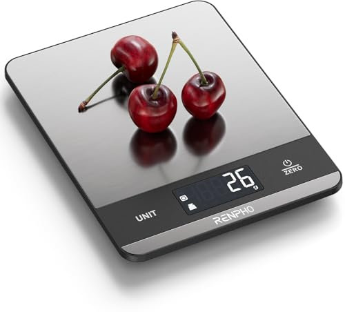 RENPHO Balance de cuisine 5 kg, balance de cuisine à 7 unités, balance numérique à grand écran LCD, grand plateau de pesée en acier inoxydable, mesure des liquides, précision élevée jusqu'à 1 g