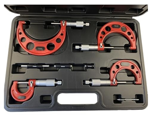 ZPFDSG Bügelmessschrauben 0-25 mm-50 mm-75 mm-100 mm Außenmikrometer-Set mit Standards, Ratschenanschlag, 0-100 mm Bereich, 0,01 mm Teilung (4-teiliges Set)