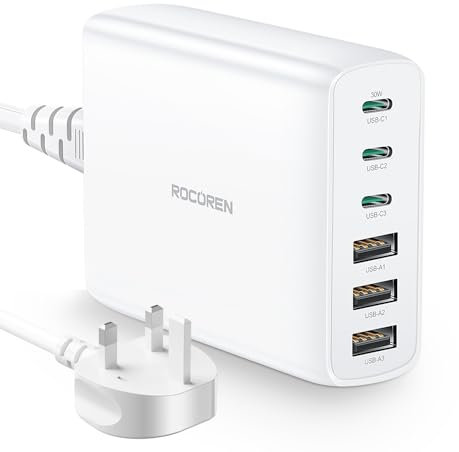 Rocoren USB Charging Station 100W, 6-Ports Multi Charger Hub, PD3.0 QC4.0 PPS Fast Charging Station with 1.5m UK Extension Cord Compatible with MacBook Air, iPhone 15, iPad Pro, Galaxy S24, Huawei