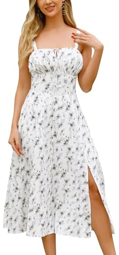 IBAKOM Femmes Robe d'été Spaghetti Bretelles Robe de Printemps Bohème Robe Avant Fourche Swing Midi Sun Jupe Fête Vacances Plage Robe Multicolore L