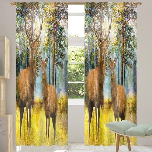 TropicalLife Voile-Fenstervorhänge, Motiv: Waldtiere, Hirsch, durchscheinend, für Wohnzimmer, Schlafzimmer, Küche, Zuhause, Türdekoration, Vorhänge, 140 x 213 cm, 2 Paneele