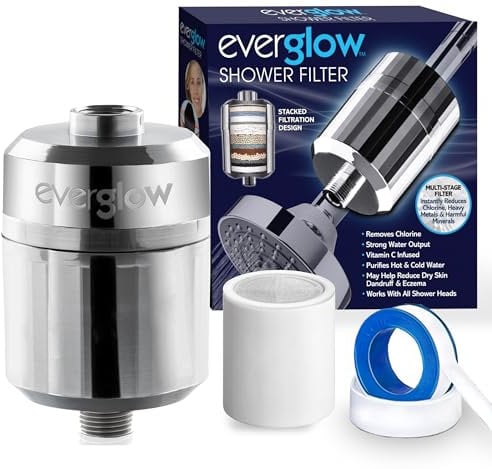 EVERGLOW High-Output Shower Filter, Reduces Chlorine, Dry Skin, Dandruff, Eczema, Heavy Metals and Vitamin C Infused for Dandruff and Softens Hard Water, 4.7”