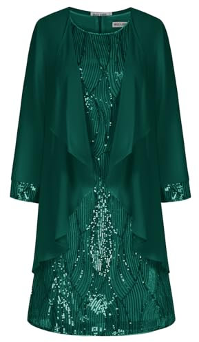 Elegant Midi Hochzeitsgastkleid Mutter der Braut Kleid Sexy Vintage Solid Farbe Ausgehen Paillettenkleid mit Chiffon-Schal Dunkelgrün XXL