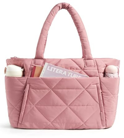 bagsmart Borsa shopper da donna, grande, 20 l, trapuntata, per computer portatile, con chiusura lampo e tracolla, per viaggi, lavoro, scuola e vacanze in spiaggia, rosa scuro, L