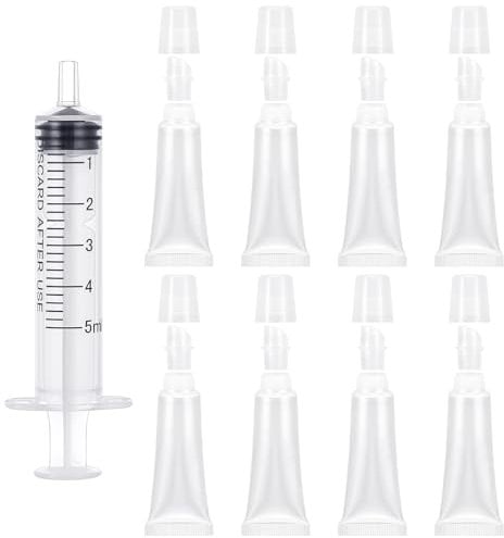 8 PCS Empty Lip Gloss Tubes, 10ml Clear Lip Balm Containers with 5ml Syringes, Refillable Squeeze Lip Balm Tubes, Mini Makeup Lip Gloss Soft Tubes for DIY Lip Balm and Travel Toiletries(Clear)