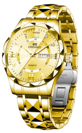Montre pour homme Diamond Business Dress analogique à quartz en acier inoxydable étanche Date lumineuse deux tons Montre de luxe décontractée, or