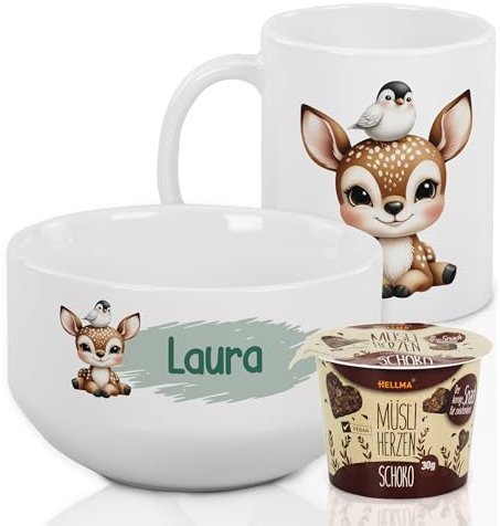 GRAZDesign Frühstückset Tasse mit Müslischale personalisiert für Kinder Rehkitz Motiv aus Keramik - Geschenkset/Rehkitz