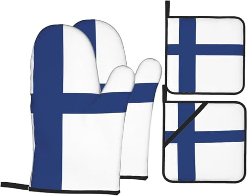 Isolierte Handschuhe und Topfdeckelmatten mit finnischem Flaggenmuster, 4-teiliges Küchen- und Backset, geeignet für Mikrowelle und Ofen
