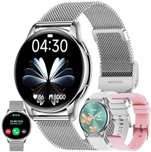 ZPIMY 1,32” AMOLED Smartwatch Damen mit Telefonfunktion, 5ATM Fitnessuhr mit Schrittzähler Herzfrequenz SpO2, Schlafmonitor, Sportuhr Aktivitätstracker für Android iOS, (Silber)