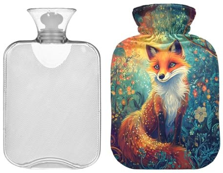 Fox Blue Trees Wärmflasche mit Bezug, 1 Liter Wärmbeutel zur Schmerzlinderung, Wärmbeutel, Wärmetherapie