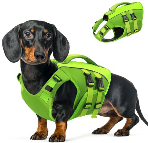 Queenmore Schwimmweste Hund XS, Non Stop Hunde Schwimmweste, Verstellbar Hundeschwimmweste,Rettungsweste Mit Griff, Schwimmweste Chihuahua, Bootfahren Surfen kajak, Grün, XS
