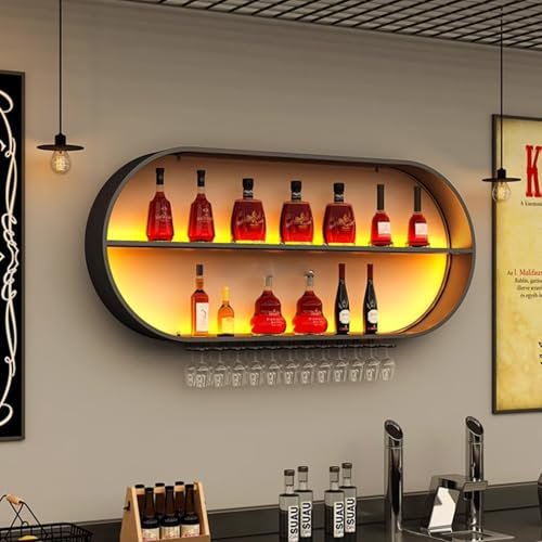 Generico Portabottiglie Moderno da Parete con Luce LED, portabicchieri da Vino Galleggiante Industriale di Grande capacità, Grande portabottiglie in Metallo da Parete con Porta calici, mensole galleg