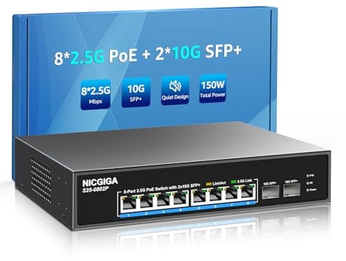 Switch PoE a 8 porte 2.5G non gestito con 8 porte 2.5Gb Base-T PoE+@130W + 2 x 10G SFP+ uplink, NICGIGA 10 porte 2.5Gbe IEEE802.3af/at Power Over Ethernet, supporto WiFi6 AP, NAS, 4K PoE Camera NVR.