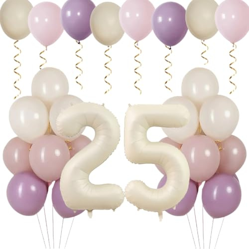 Anlgdi Weiße Ballons 25, 24 Stück 12 Zoll Latex Ballons, Luftballon 25. Geburtstag Deko Frau, Geburtstagsdeko 25 Jahre Frauen, Folienballon Zahlen 25, Lila Helium Ballon für 25. Geburtstag Party Deko