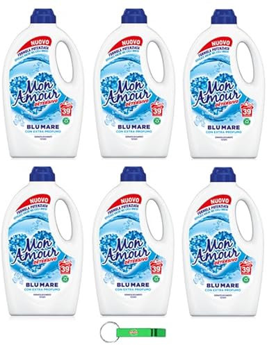 6 X Paglieri Mon Amour Blu Mare Detersivo - Lavaggio in lavatrice Liquido - Formula migliorata con profumo aggiuntivo, 39 lavaggi 1560 ml + portachiavi Beni Culinari