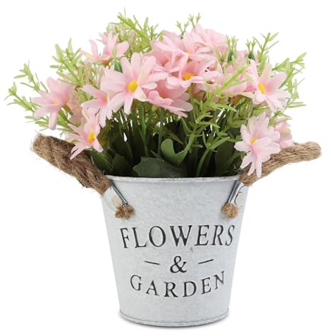 Hwtcjx Artificial Flowers with Vase, Artificial Flowers in Pots, Fake Plants With Metal Pot, Plastic Flower, with Vintage Metal Bucket, Beautiful Decoration, for Wedding, Office, Home (Pink)