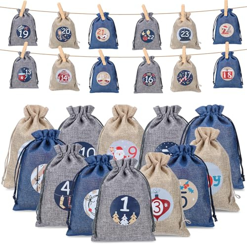 woric Adventskalender zum Befüllen, 24 Jutesäckchen mit Klammern Weihnachtskalender zum Befüllen Groß Adventskalender 2025 Säckchen Weihnachten(Blau&Grau&Khaki)
