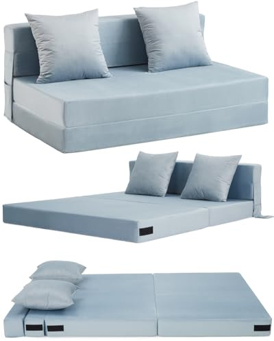 Aptliton 4-in-1 Folding Sofa Bed Double, Fold Out Sofa Couch with Velvet Cover & 2 Cushions, Floor Mattress Lounger for Living Room, Comfy Foldable Sofa Chair Bed, Removable Cover, Washable(135*190CM)